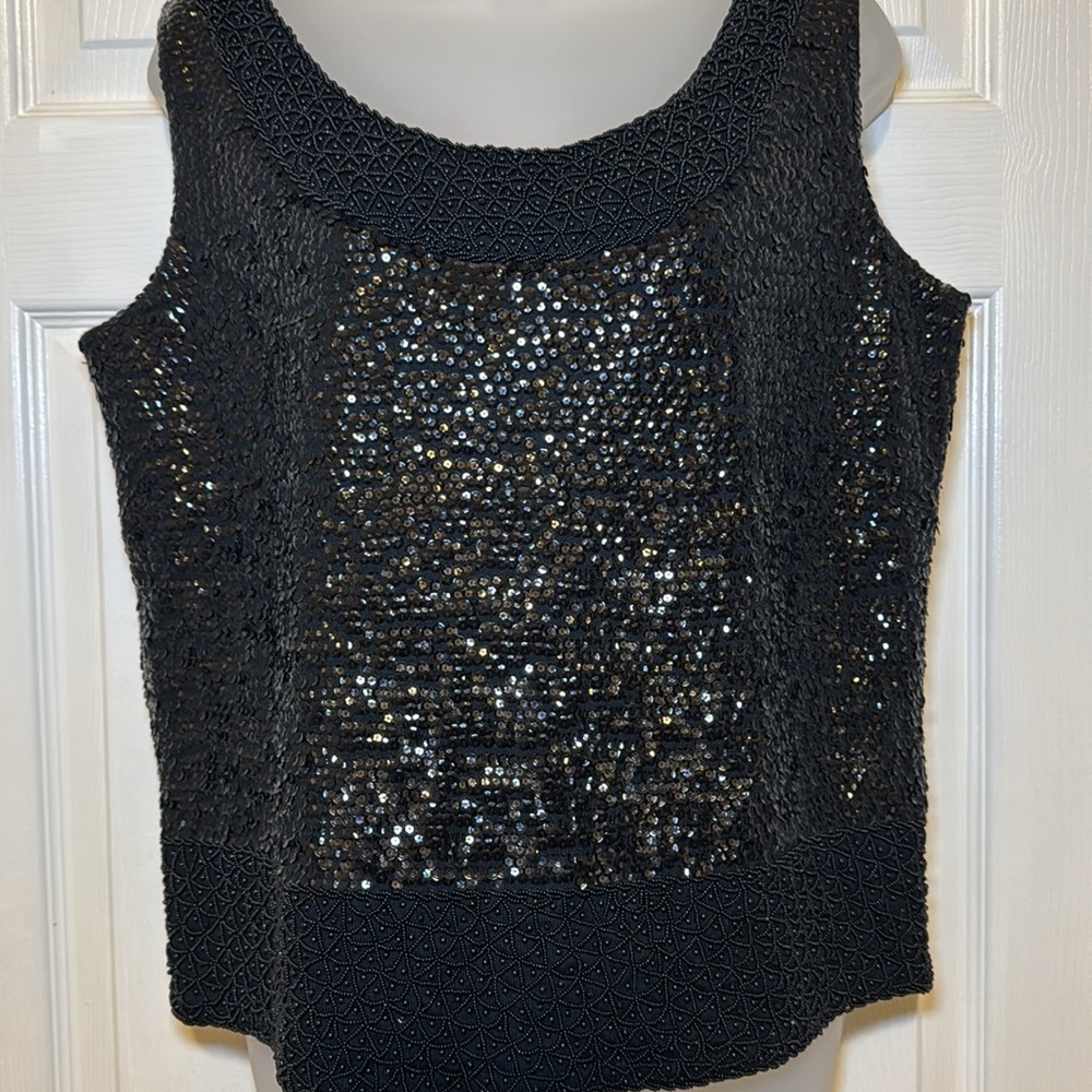 Vintage Cardell Black Sequin Tank with Beaded Trim Size 38